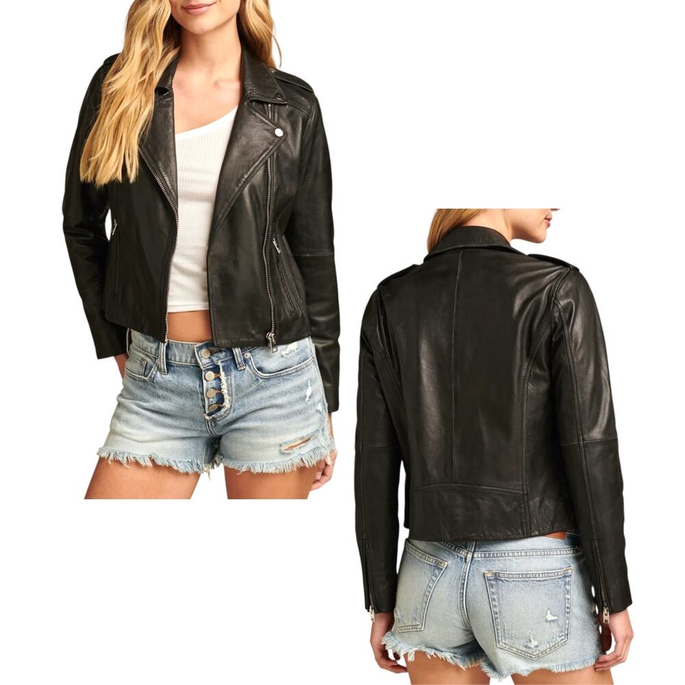 Lucky Brand, Women's Classic Lambskin Leather Moto Bikers Jacket, Black, X-Small